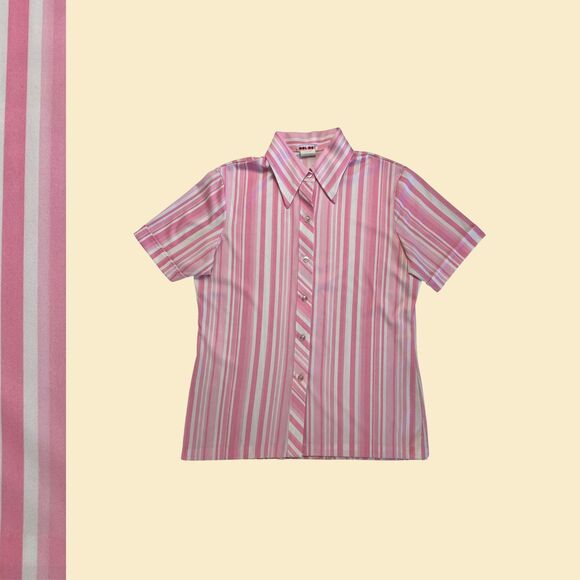 Vintage 70s pink/white blouse, size 15/16 Cos Cob lightweight short sleeve top - Picture 1 of 7